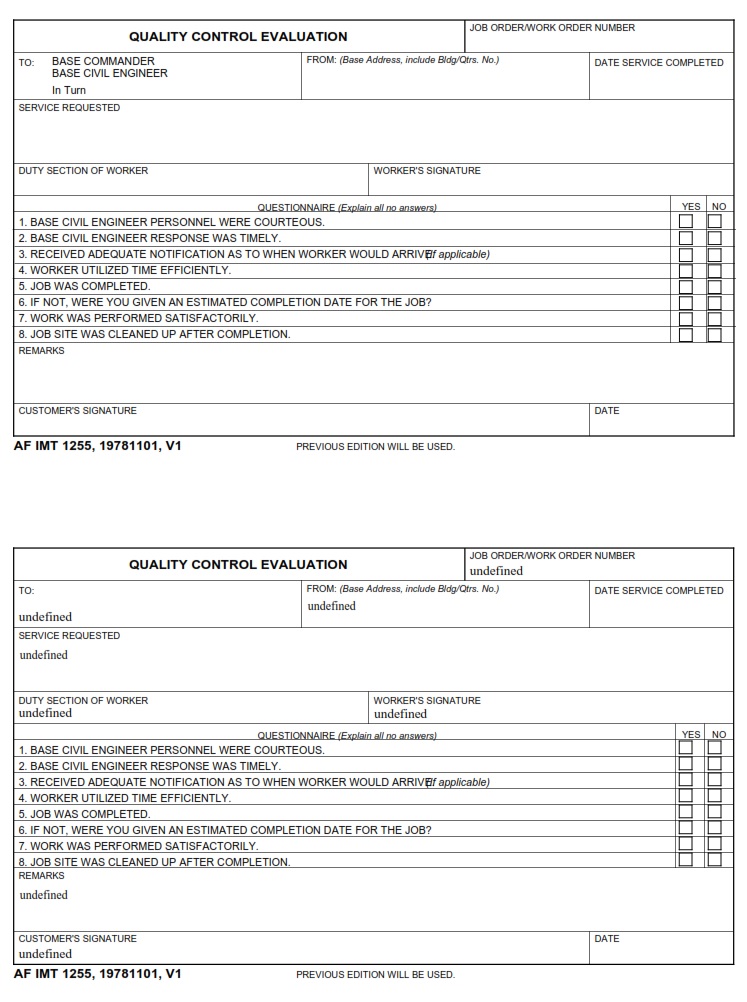 AF Form 1255 Quality Control Evaluation AF Forms