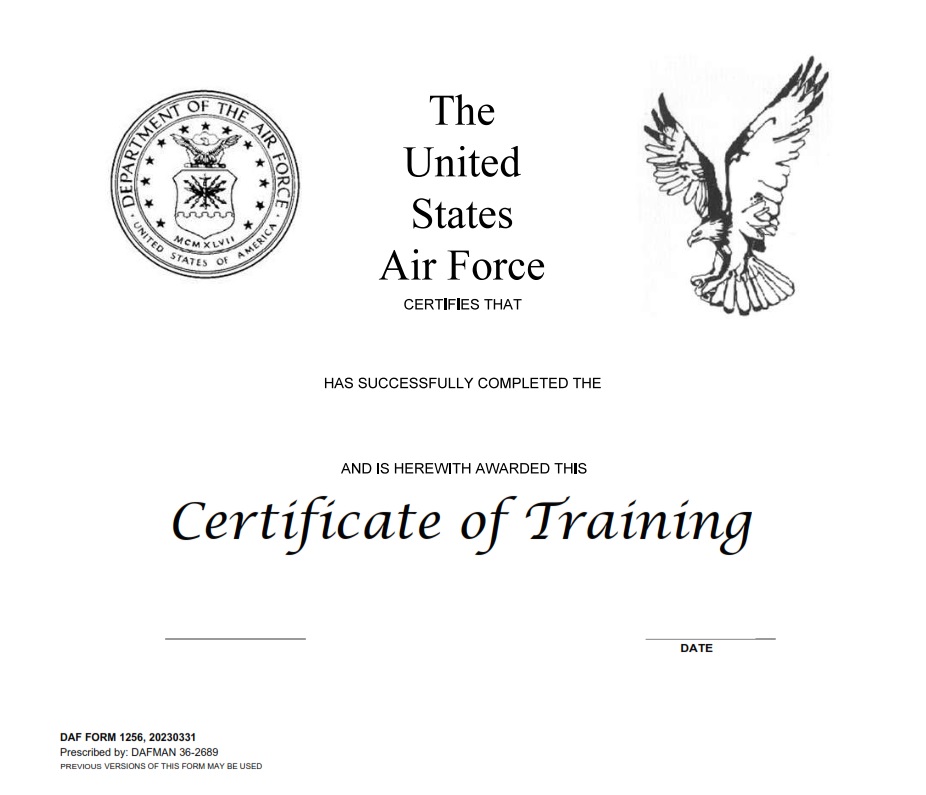 AF Form 1256 Certificate Of Training LRA AF Forms