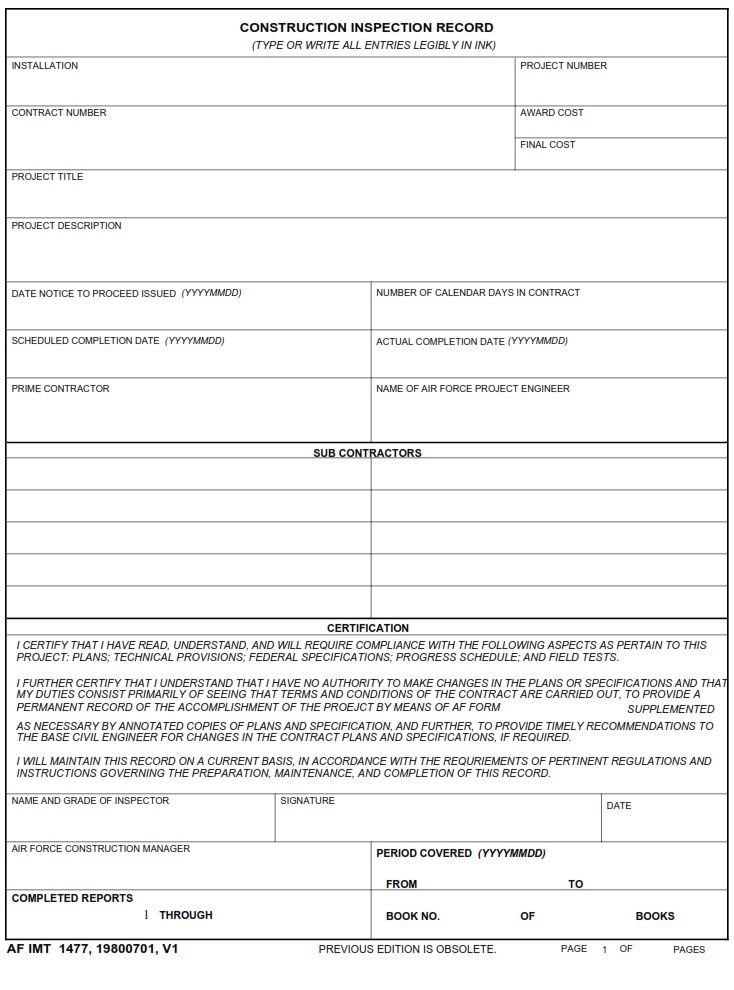 AF Form 1477 Construction Inspection Report AF Forms