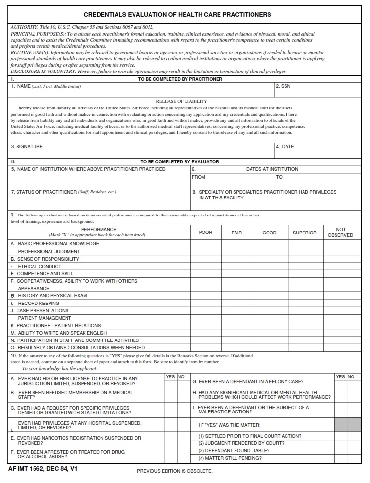 AF Form 1562 - Page 1