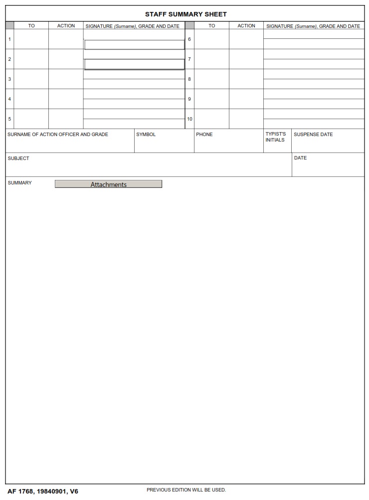 AF Form 1768 Staff Summary Sheet AF Forms