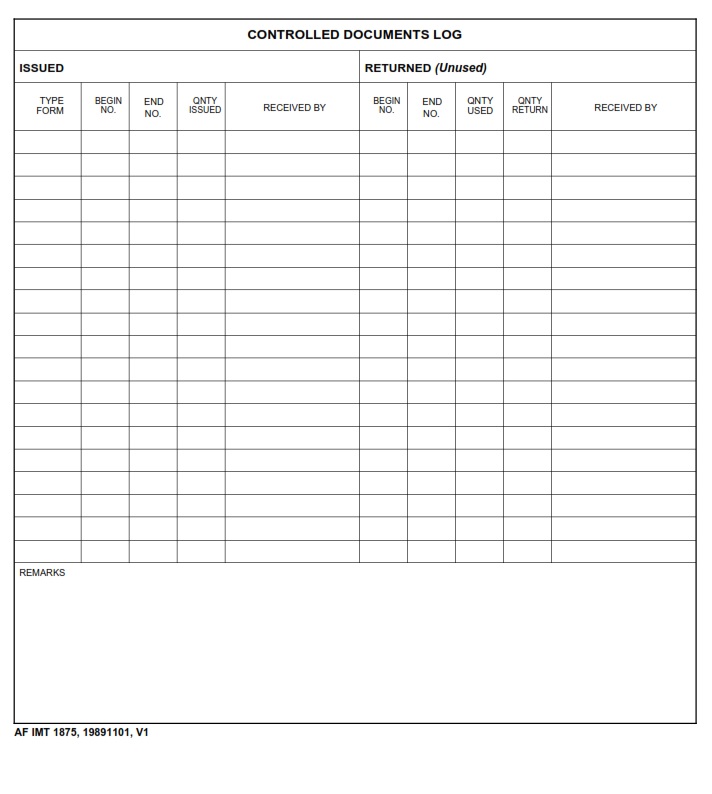 AF Form 1875PG2 Controlled Documents Log AF Forms