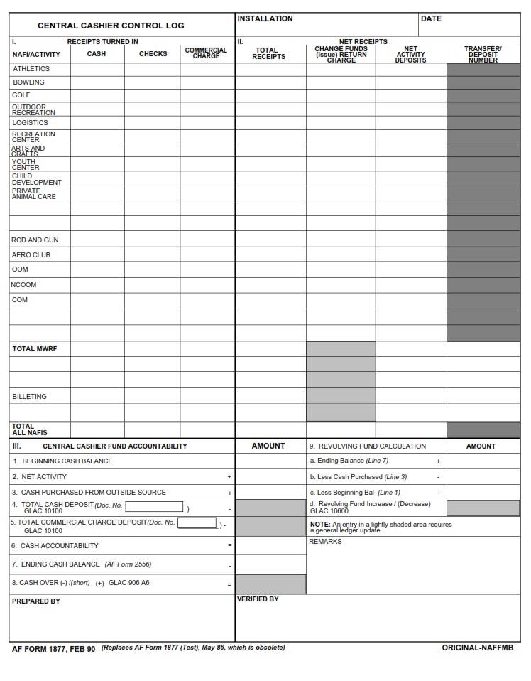 AF Form 1877 Central Cashier Control Log AF Forms