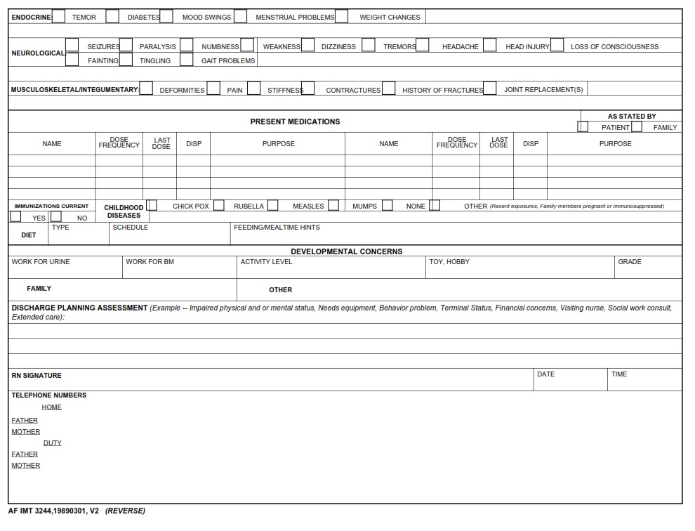 AF Form 3244 Pediatric Admission Note AF Forms