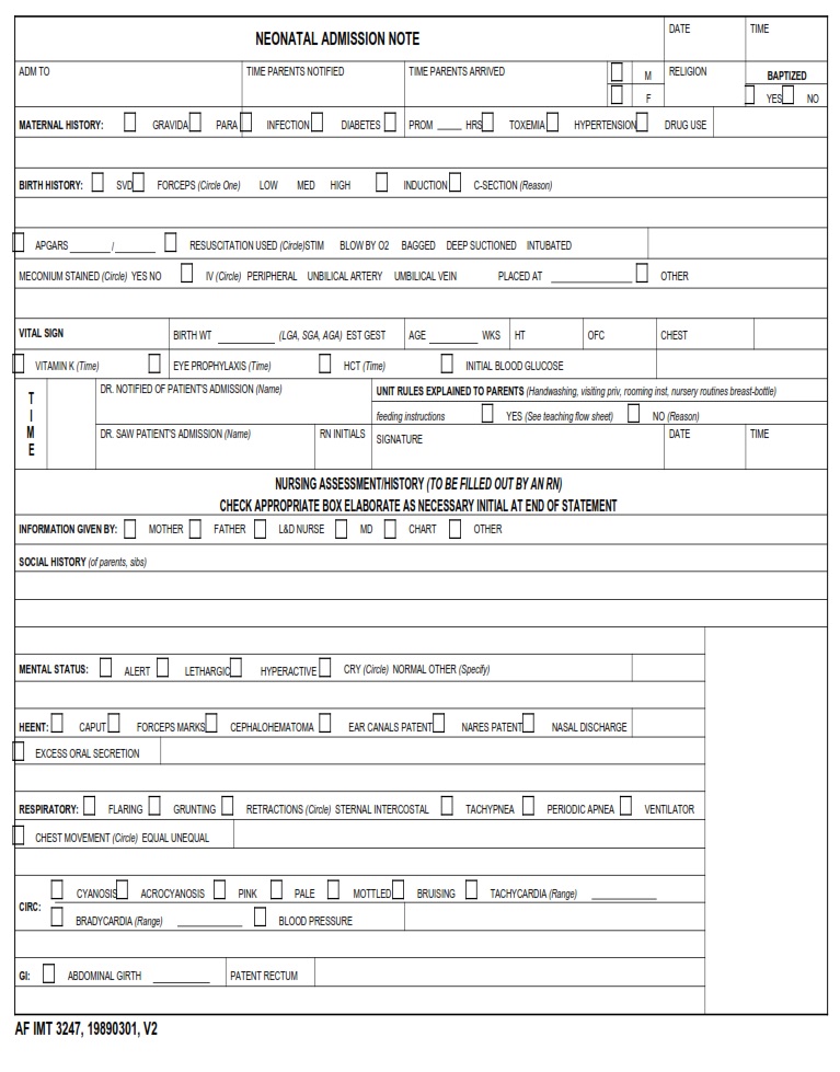 AF Form 3247 Neonatal Admission Note AF Forms