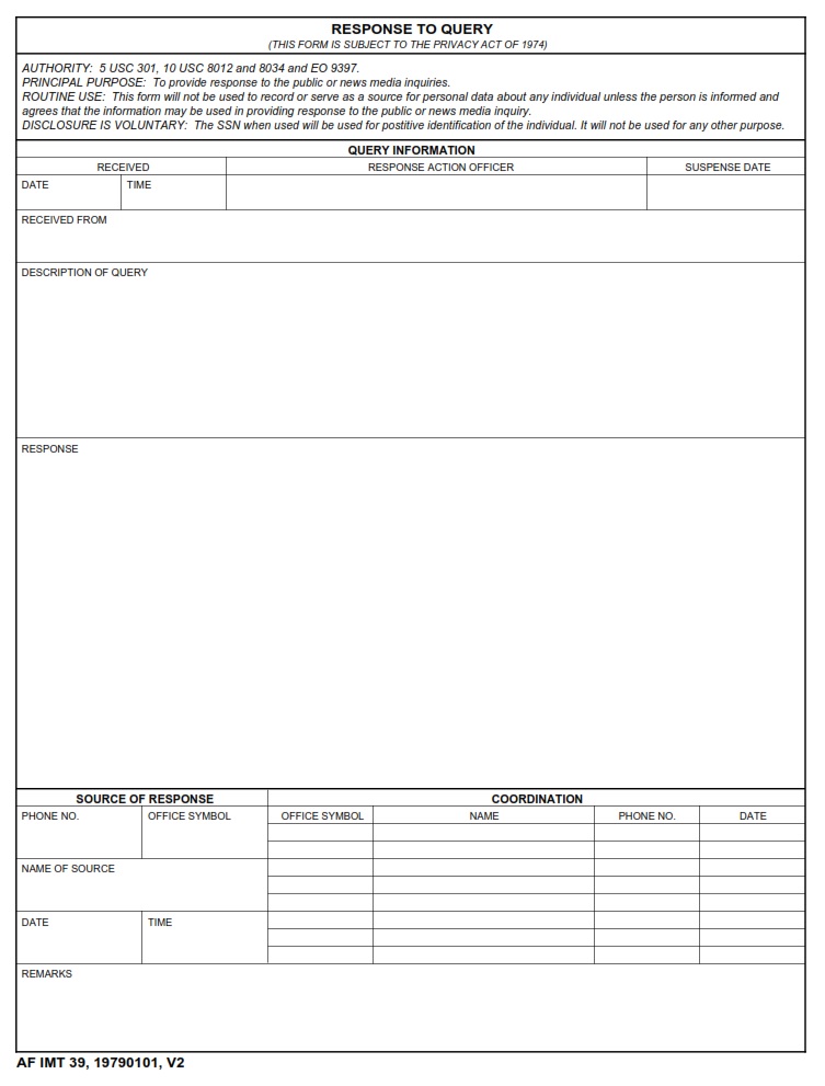 AF Form 39 Response To Query AF Forms