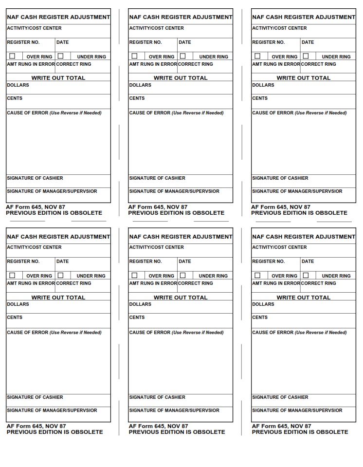 AF Form 645 Cash Register Adjustment AF Forms