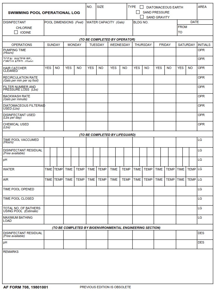 AF Form 708 Swimming Pool Operational Log AF Forms