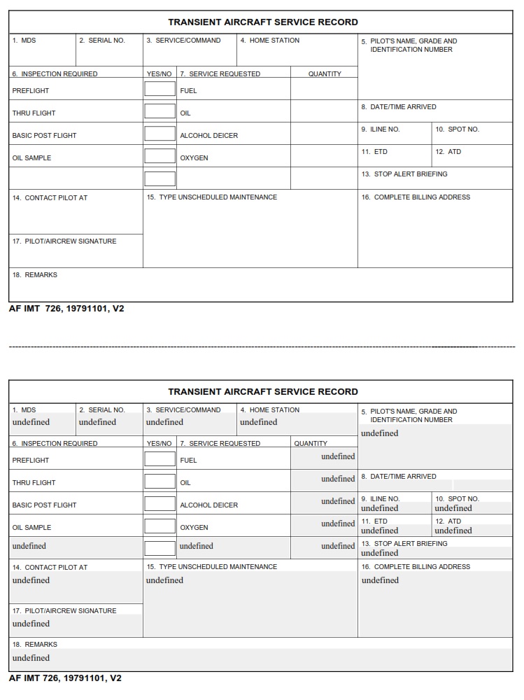 AF Form 726 – Transient Aircraft Service Record - AF Forms