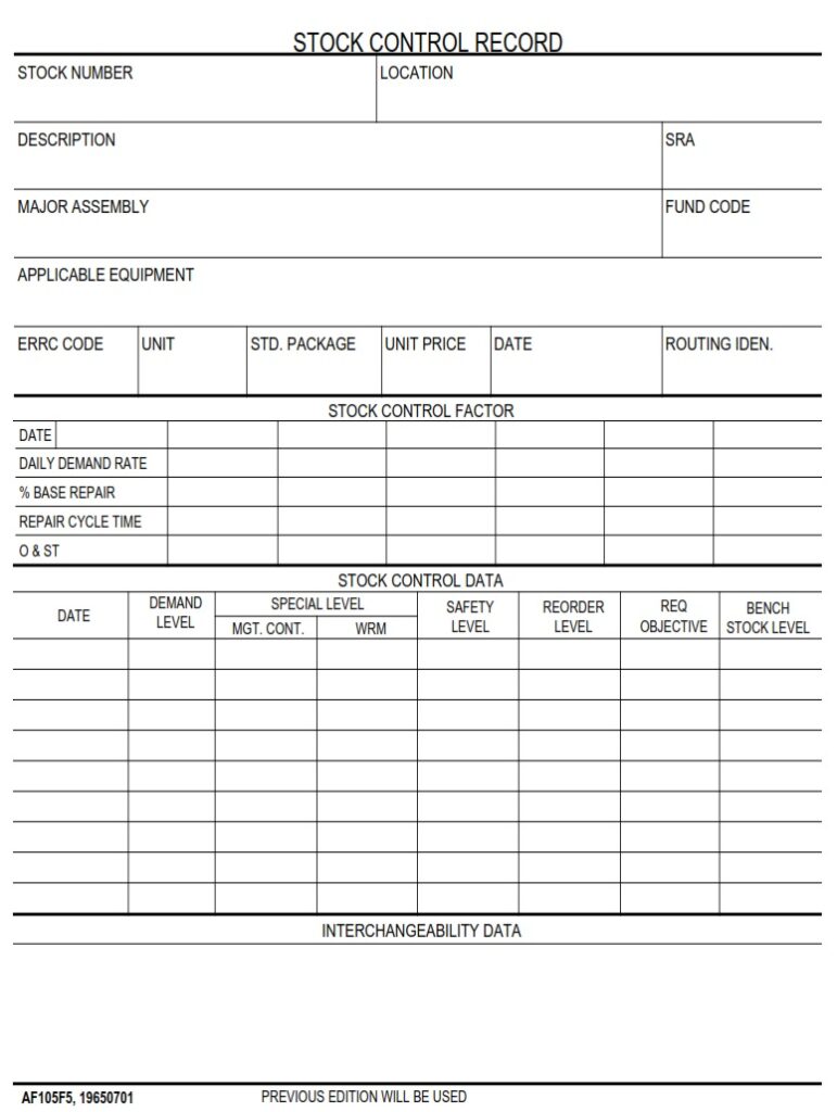 AF Form 105F5 – Stock Control Record - AF Forms