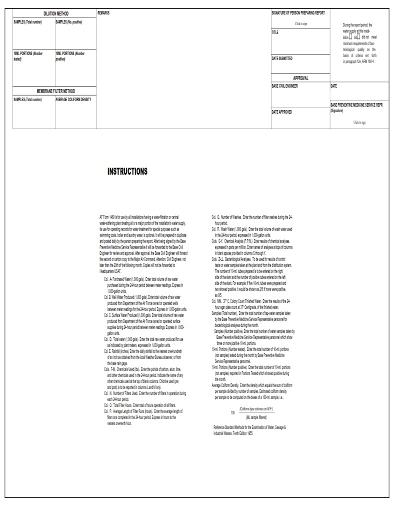 AF Form 1460 Water Utility Operating Log Supplemental AF Forms