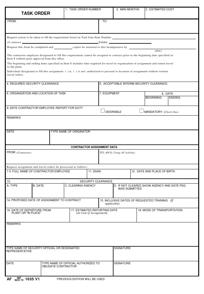 AF Form 1635 Task Order LRA AF Forms