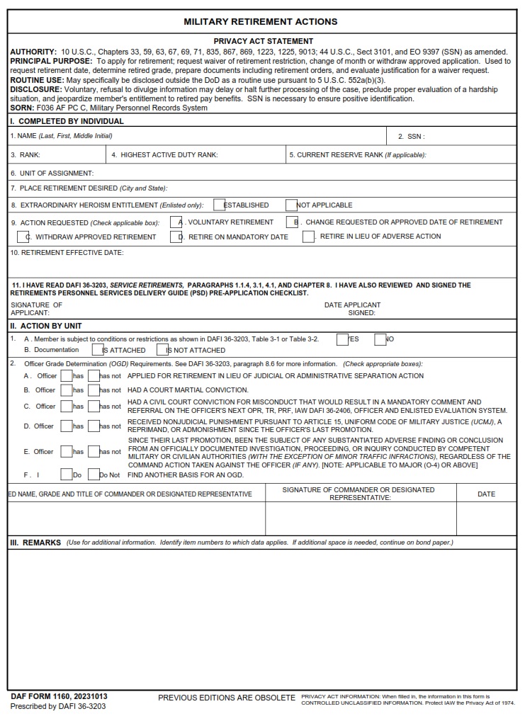 DAF Form 1160 Military Retirement Actions AF Forms